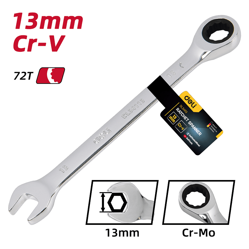 Ключ комбинированный Deli YS EDL34113, 13 мм, с трещоткой, 72 зуба - 6