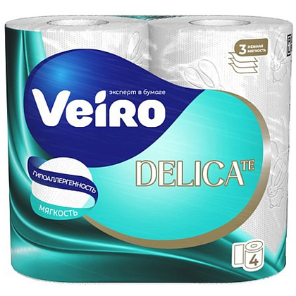 Бумага туалетная Veiro Delicate, 4 рулона, 3 слоя, белый