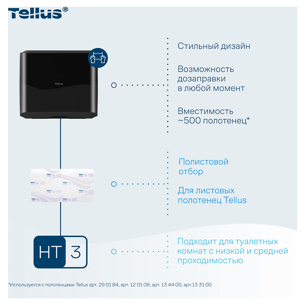 Диспенсер Tellus для полотенец листовых, мини, черный, HT3 - 7