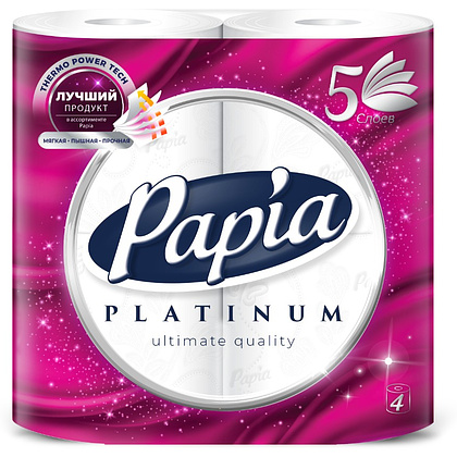 Бумага туалетная Papia Platinum, 11,9 м, 5 слоев, 4 рулона, 100% целлюлоза
