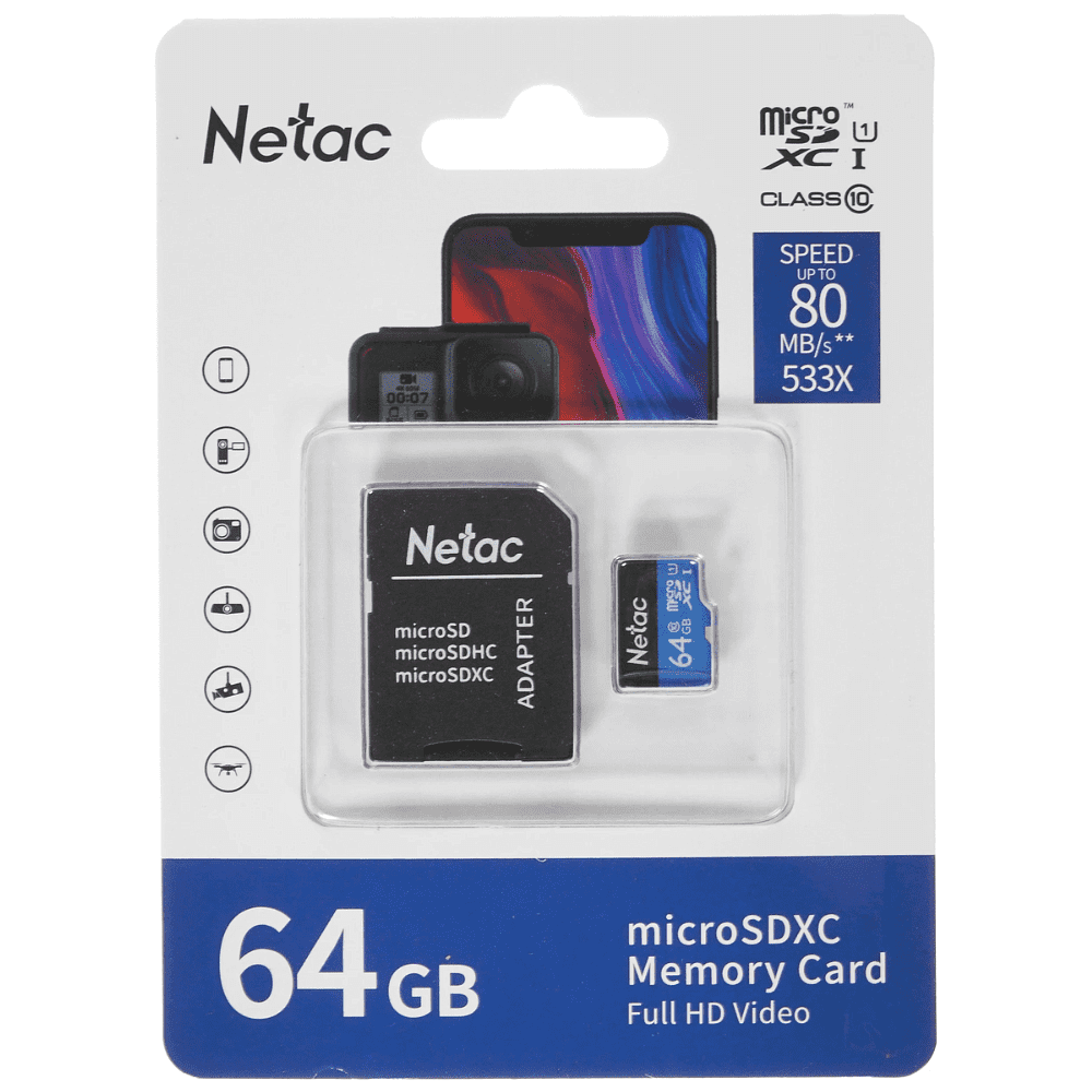 Карта памяти MicroSDXC "Netac P500 Standard", 64GB, U1/C10, с адаптером - 2