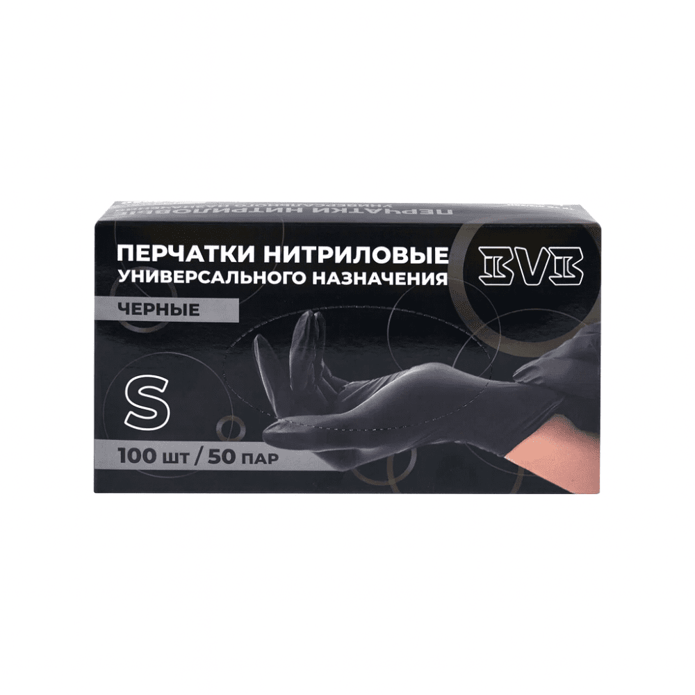 Перчатки нитриловые неопудренные одноразовые BVB, р-р S, 100 шт./уп., черный - 2