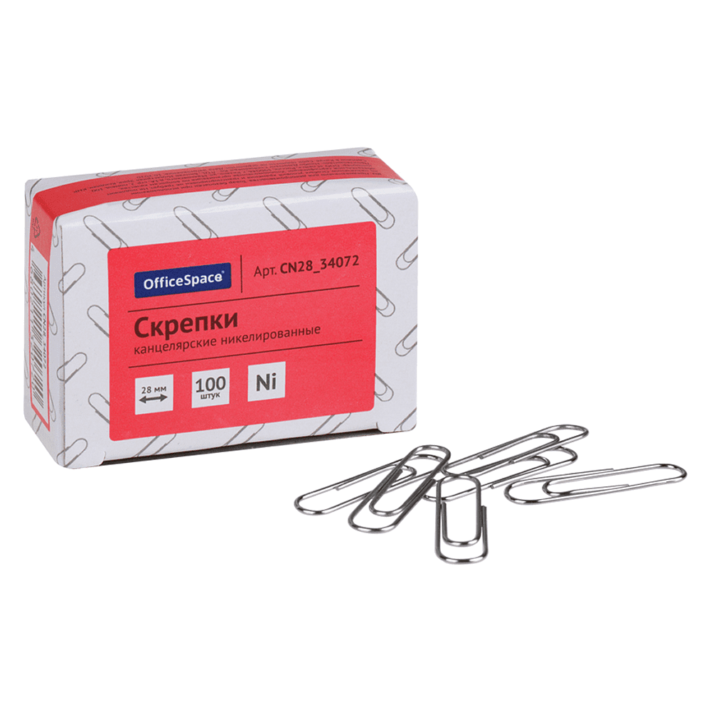 Скрепки никелевые "OfficeSpace", 28 мм, 100 штук, серебристый