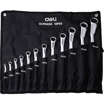 Набор ключей накидных изогнутых Deli YS EDL150012A, 6-32 мм, 12 шт., чехол, черный