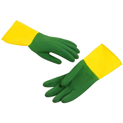 Перчатки латексные хозяйственные Zaubex БИКОЛОР, усиленные, р-р XL, зеленый, желтый - 2
