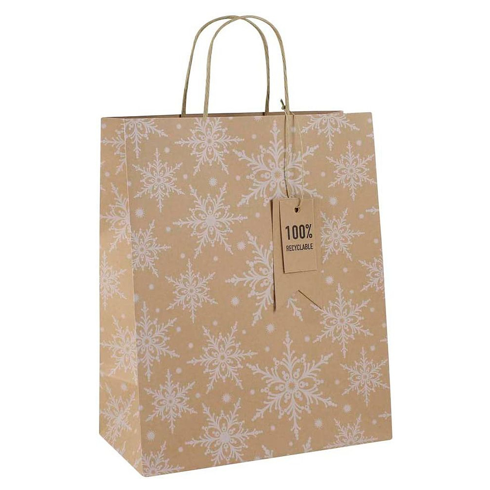 Пакет бумажный подарочный "Kraft Snowflake" для бутылки, 12.7x9x35.5 см, крафт