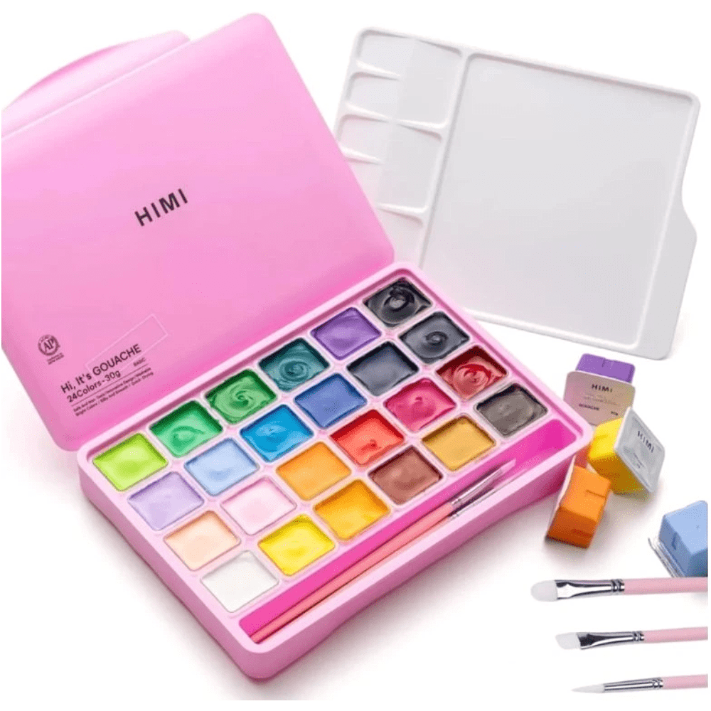 Краски гуашевые "Himi Jelly Cup. New vision", 24 цвета, кювета, розовый футляр