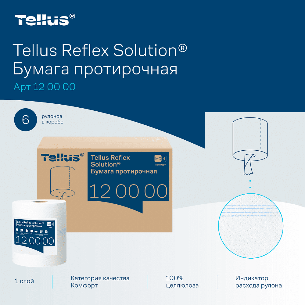Протирочная бумага Tellus Reflex, Комфорт c центральной вытяжкой, 1 слой, 270 м, MС4  - 5