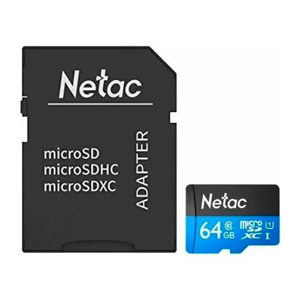 Карта памяти MicroSDXC "Netac P500 Standard", 64GB, U1/C10, с адаптером