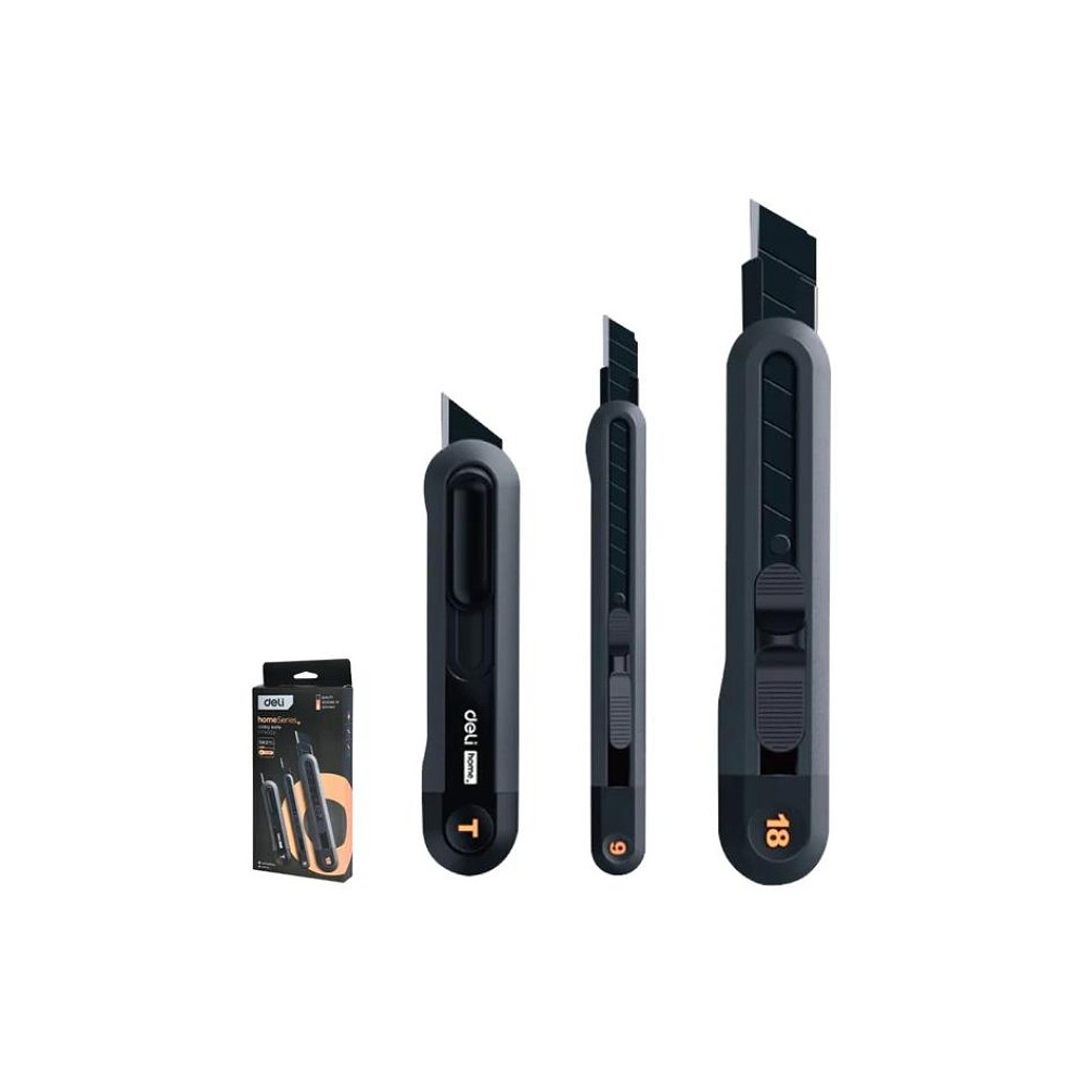 Набор ножей строительных Deli HS EHT4003, 3 шт (ножи 9мм/18мм/трапеция), Soft Touch, черный