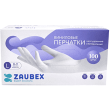 Перчатки виниловые Zaubex, одноразовые, р-р L, 100 шт/уп, прозрачный, -30%