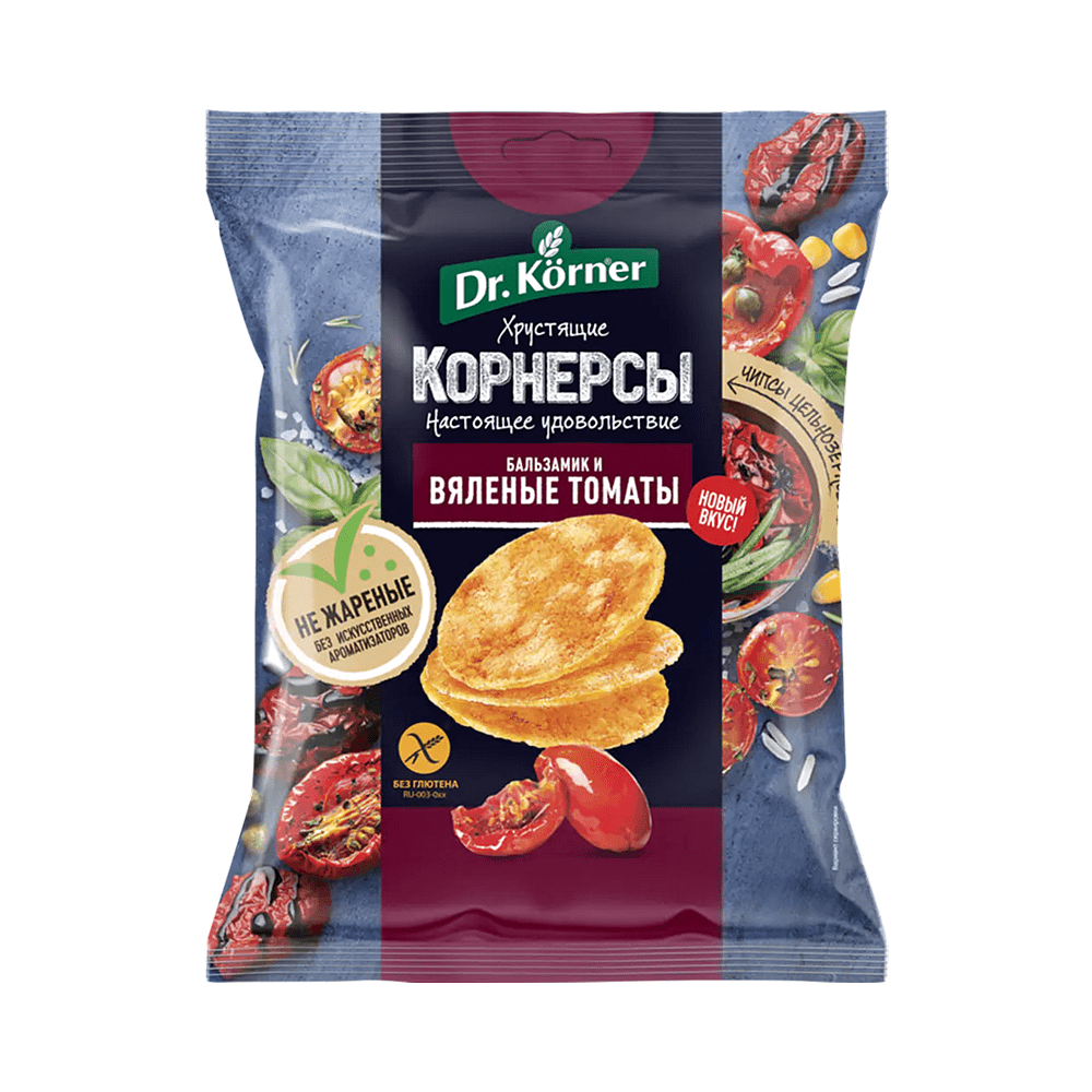 Чипсы цельнозерновые "Dr.Korner", 50 гр, кукурузно-рисовые с вялеными томатами и бальзамиком