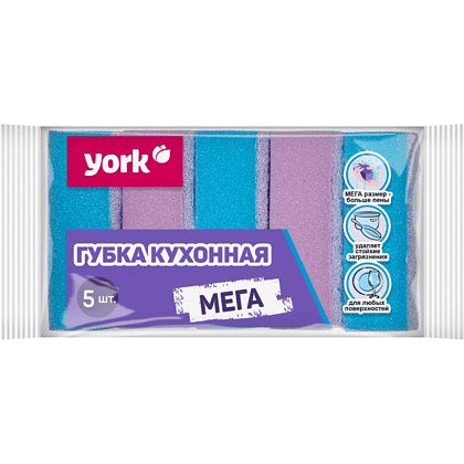 Губка кухонная для мытья посуды York Мега, 100х70х35 мм, 5 шт/уп.