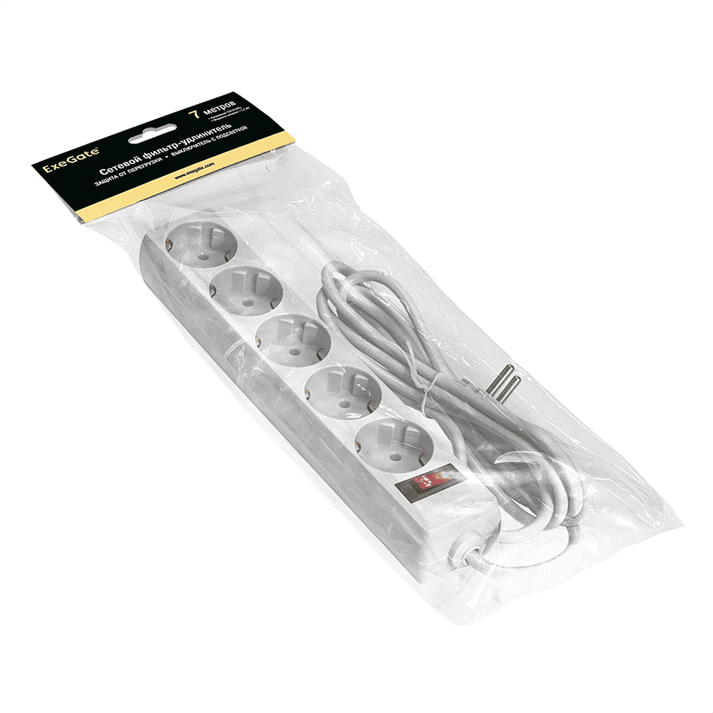 Сетевой фильтр ExeGate SP-5-7W, EX279180RUS, 5 розеток, 7 м, белый - 2
