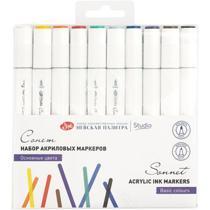 Маркер акриловый "Сонет. Основные цвета", двухсторонний, набор 10 цветов, блистер