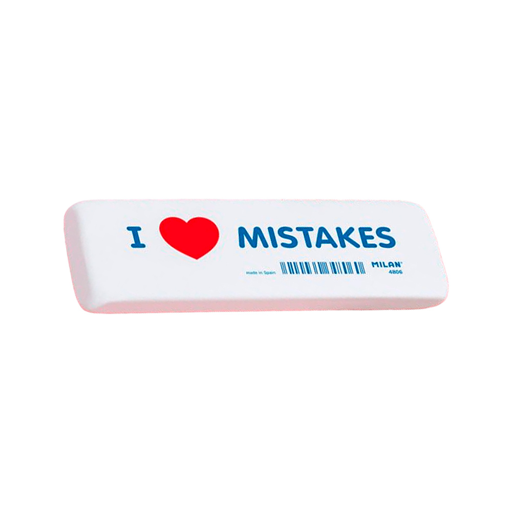 Ластик Milan "I love mistakes", 14x4,4 см, белый