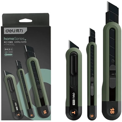Набор ножей строительных Deli HSEHT4003L, 3 шт (ножи 9мм/18мм/трапеция), Soft Touch, зеленый - 2