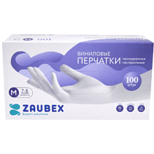 Перчатки виниловые Zaubex, одноразовые, р-р M, 100 шт/уп, прозрачный, -30%