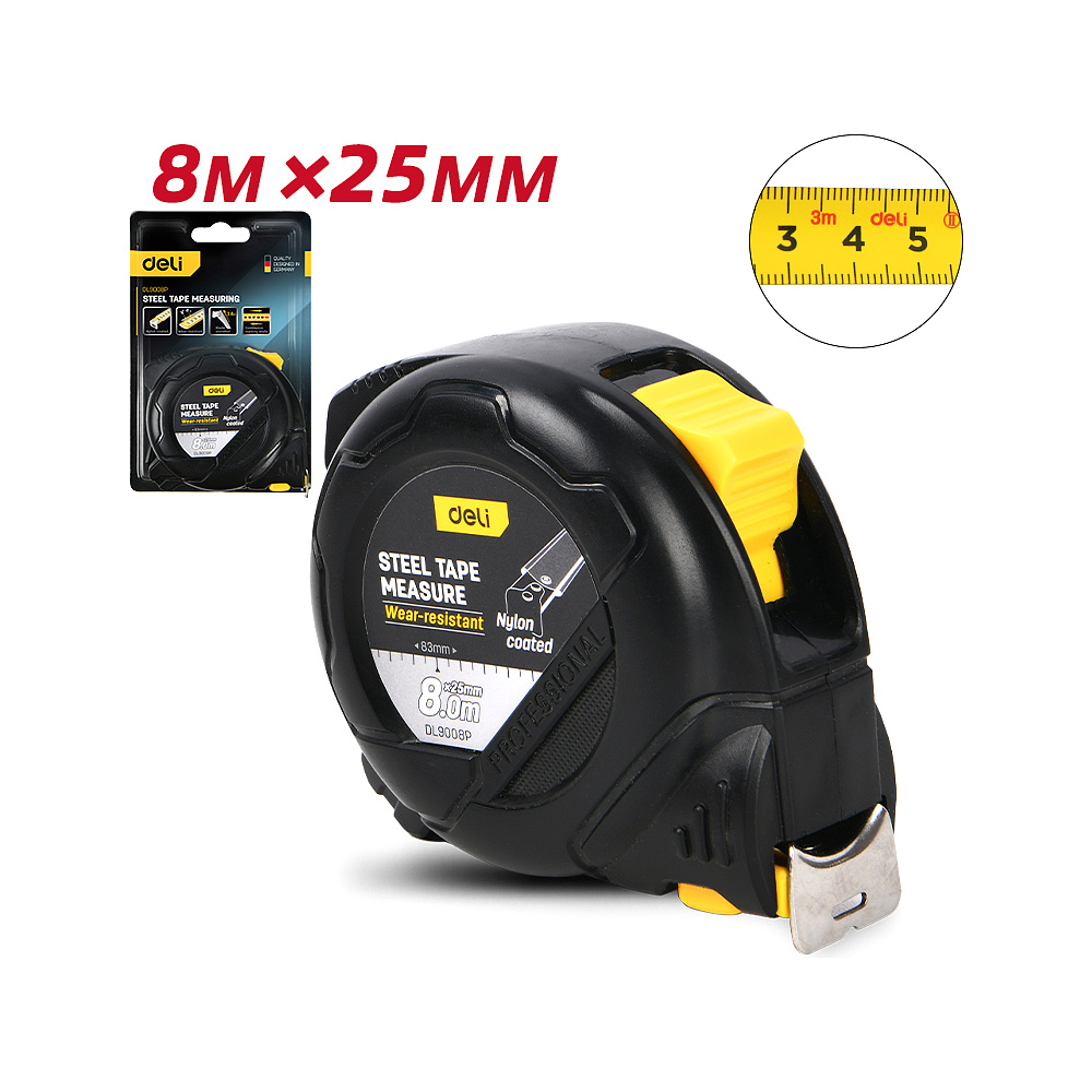 Рулетка "Deli 9008P" 8 м, черный, желтый - 2