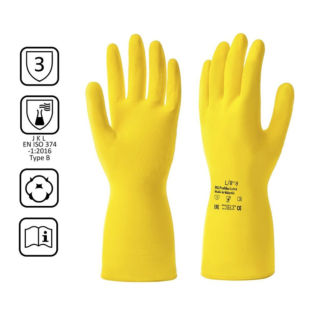 Перчатки латексные HQ Profiline, р-р M, с х/б покрытием, желтый - 2