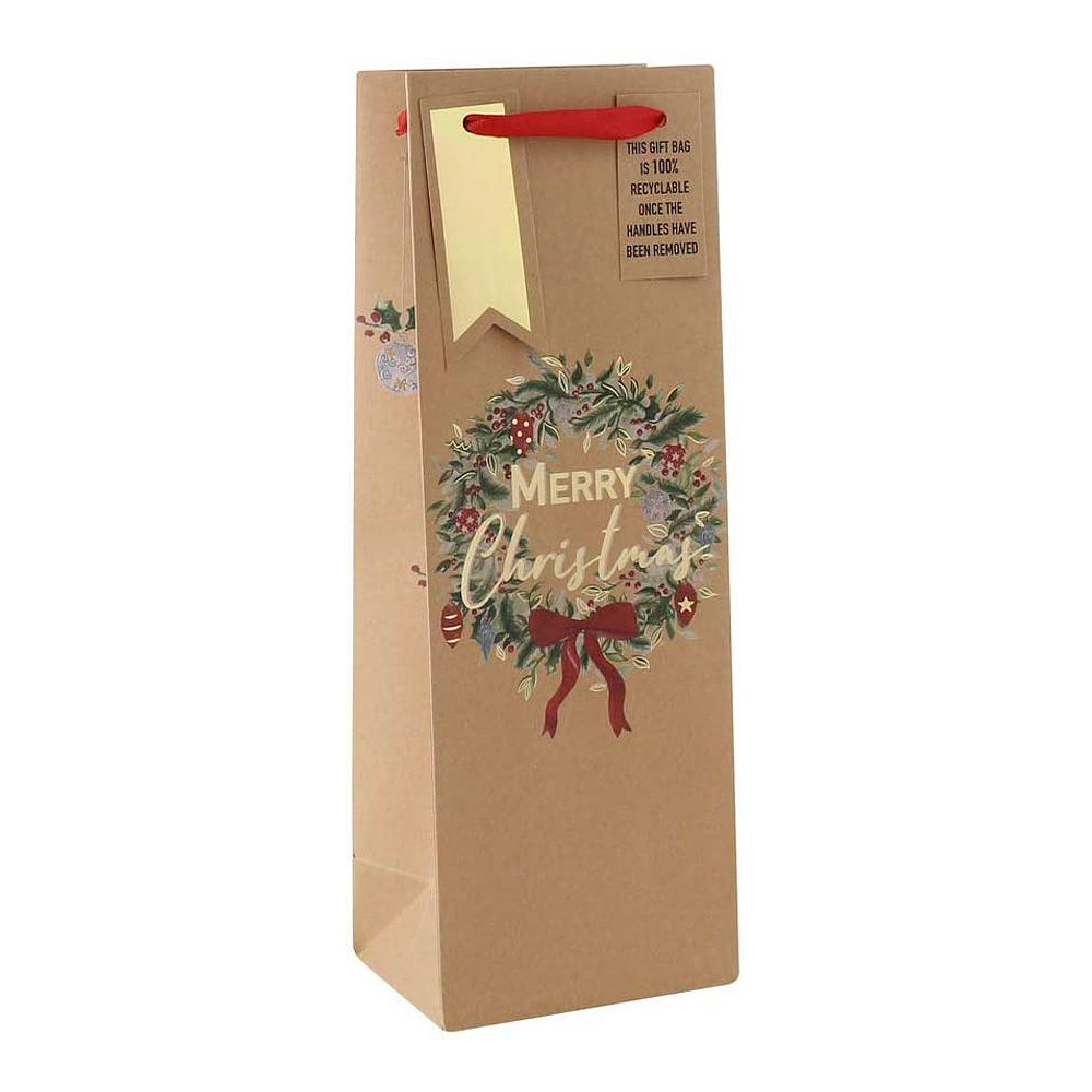 Пакет бумажный подарочный "Xmas Wreath Kraft" для бутылки, 12.7x9x35.5 см, разноцветный