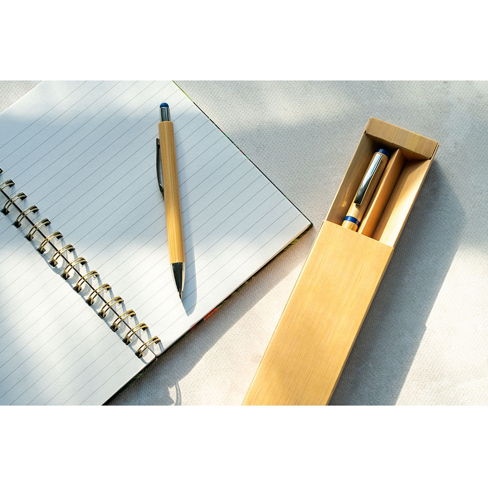 Набор "Macma 1255804": ручка шариковая автоматическая и роллер, бамбук, синий, светло-коричневый - 8