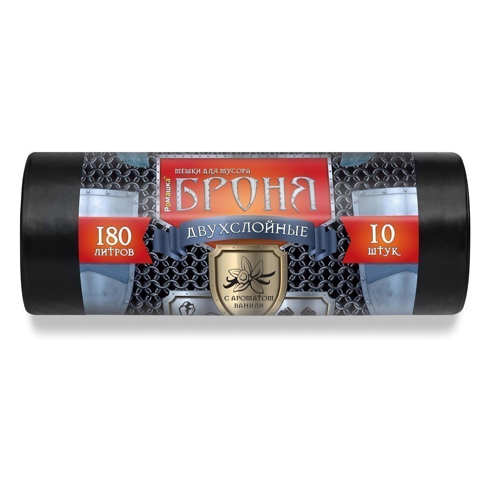 Мешки для мусора Ромашка Броня, 180 л, ПВД, 60 мкм, 90х110 см, 10 шт/рулон, черный