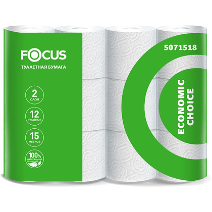 Бумага туалетная Focus Eco, 15 метров, 2 слоя, 12 рулонов, 100% целлюлоза