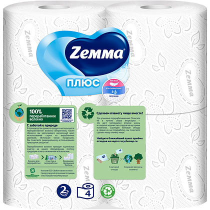 Бумага туалетная Zemma Плюс, 4 рулона, 2 слоя, белый - 5