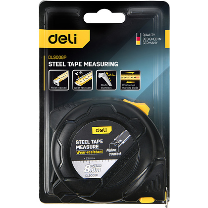 Рулетка "Deli 9008P" 8 м, черный, желтый - 3