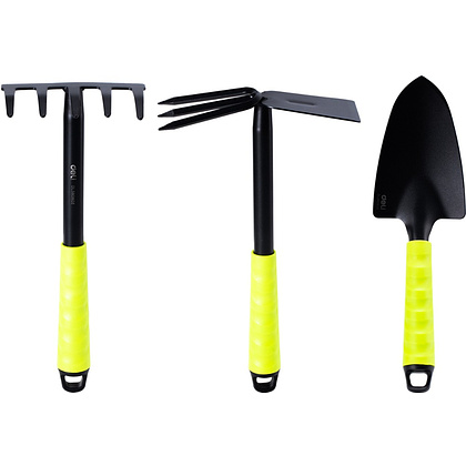 Набор садовых инструментов Deli GS EDL580803, 310 мм, 3 шт., лопата, мотыга, грабли, зеленый, черный
