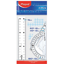 Набор чертежный "Maped": линейка 15 см, треугольник 45 и 60 гр, транспортир 180 гр, прозрачный