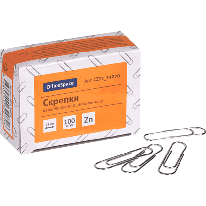Скрепки овальные "OfficeSpace", 28 мм, 100 штук, серебристый