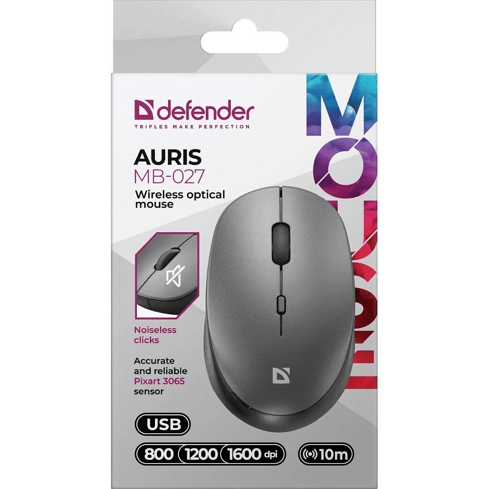 Мышь DEFENDER "Auris MB-027", беспроводная, серый, 800-1600 dpi - 2