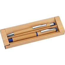 Набор "Macma 1255804": ручка шариковая автоматическая и роллер, бамбук, синий, светло-коричневый