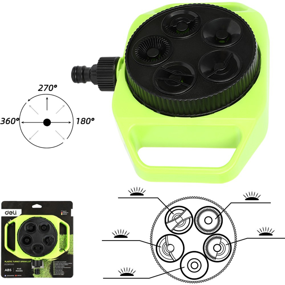 Дождеватель-разбрызгиватель Deli GS EDL581300, 3/4", 5 функций, круговой, ударопрочный пластик, черный, зеленый - 2