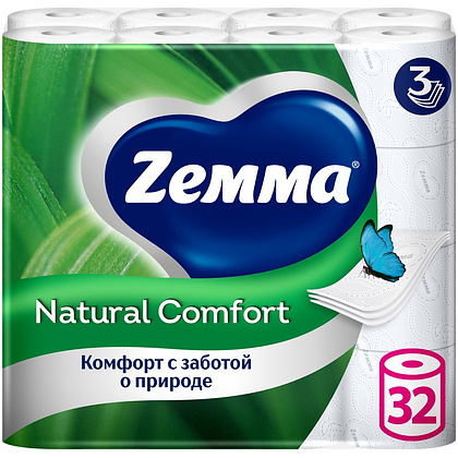 Бумага туалетная Zemma Natural Comfort, 32 рулона, 3 слоя, белый 