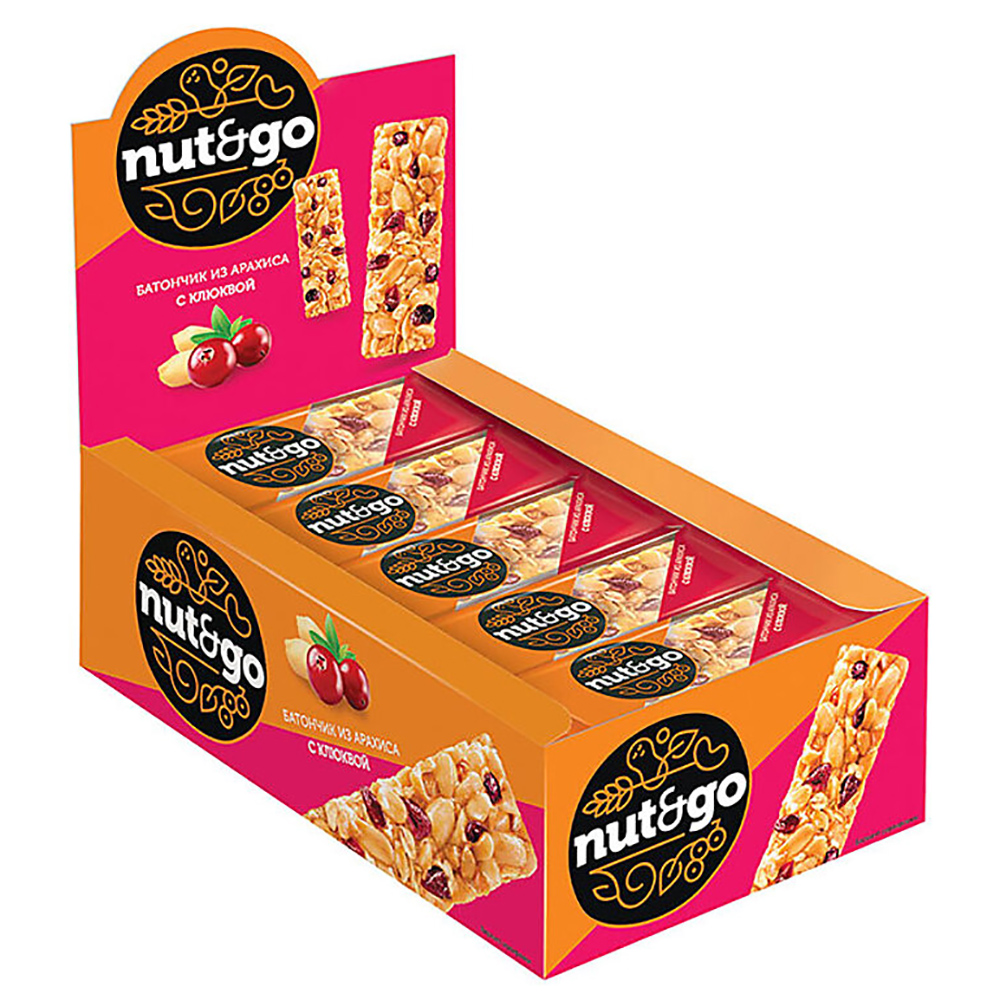 Батончик "Nut & Go", с арахисом и клюквой, 30 г