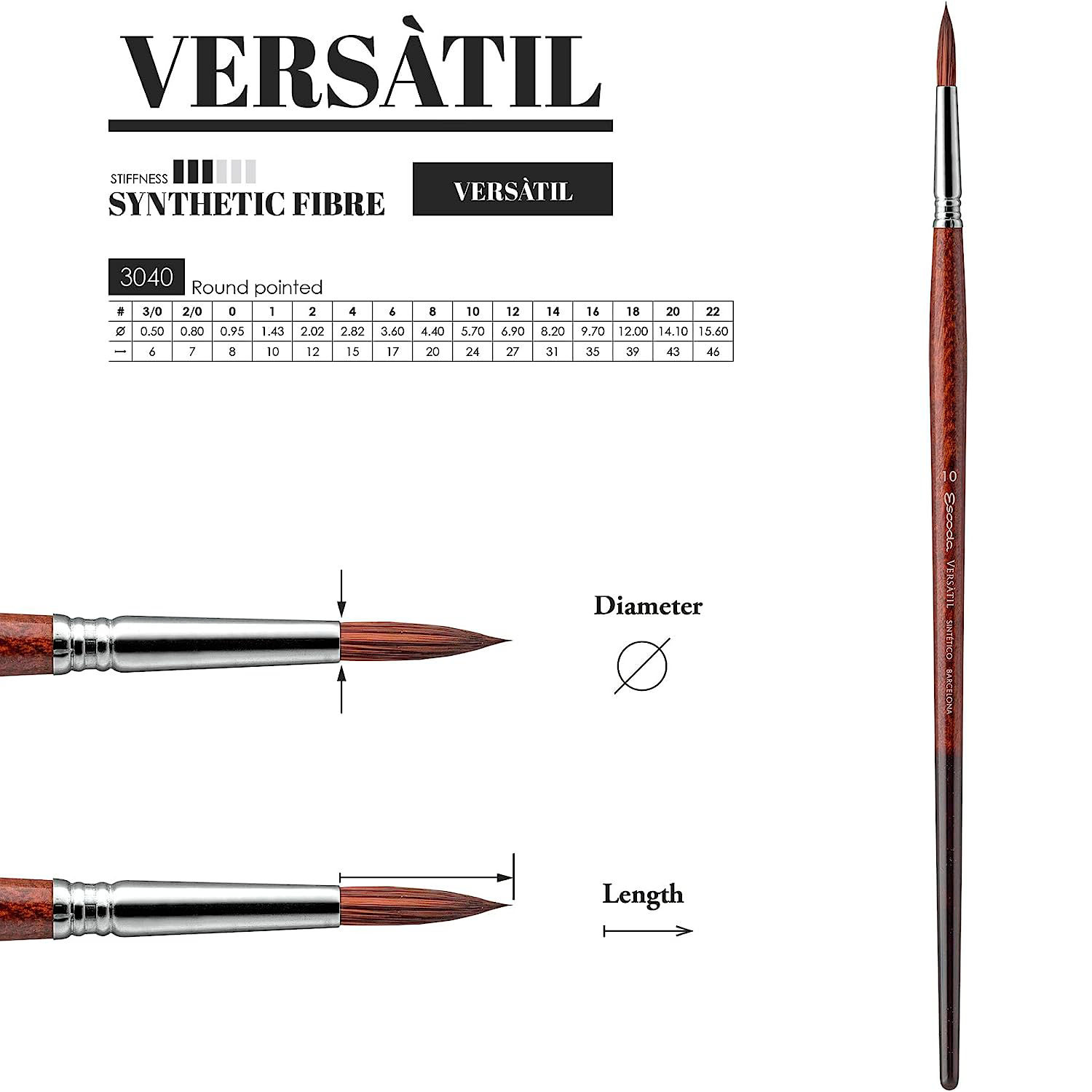 Кисть для рисования "Escoda Versatil Brush L/H 3040", синтетика, круглая, №2 - 3