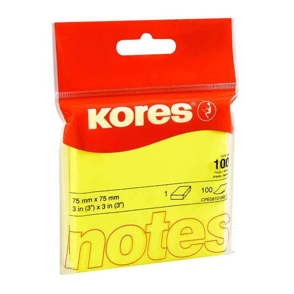 Бумага для записей на клейкой основе "Kores", 75x75 мм, 100 листов, желтый неон