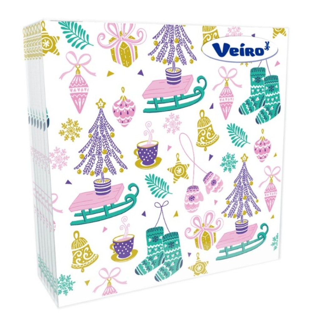 Салфетки бумажные Veiro, 33х33 см, с рисунком Елки и санки