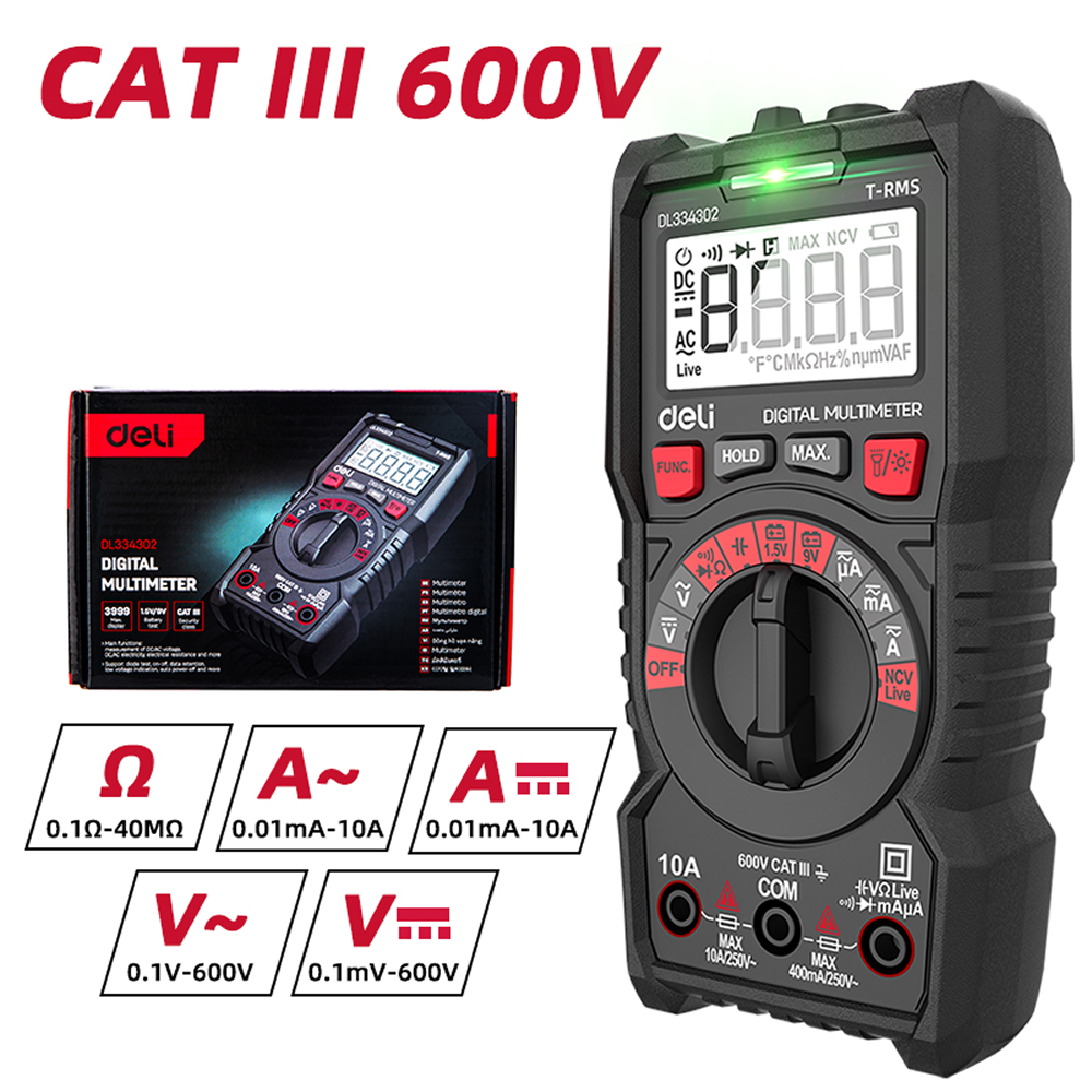 Мультиметр цифровой Deli RS EDL334302, 600В, универсальный - 9