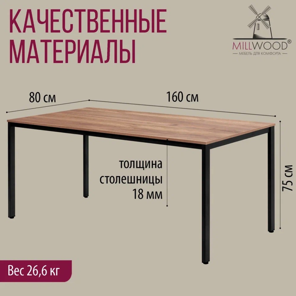 Стол Millwood Сеул, 1600х800 мм, дуб табачный крафт, черный - 4