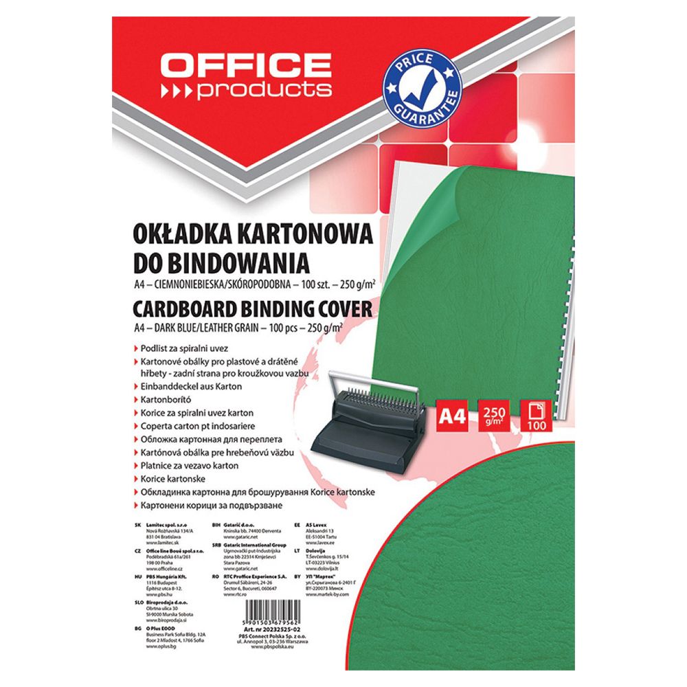 Обложка для переплета "Office Products", A4, картон с тиснением под кожу, 250 г/м2, 100 шт., зеленый