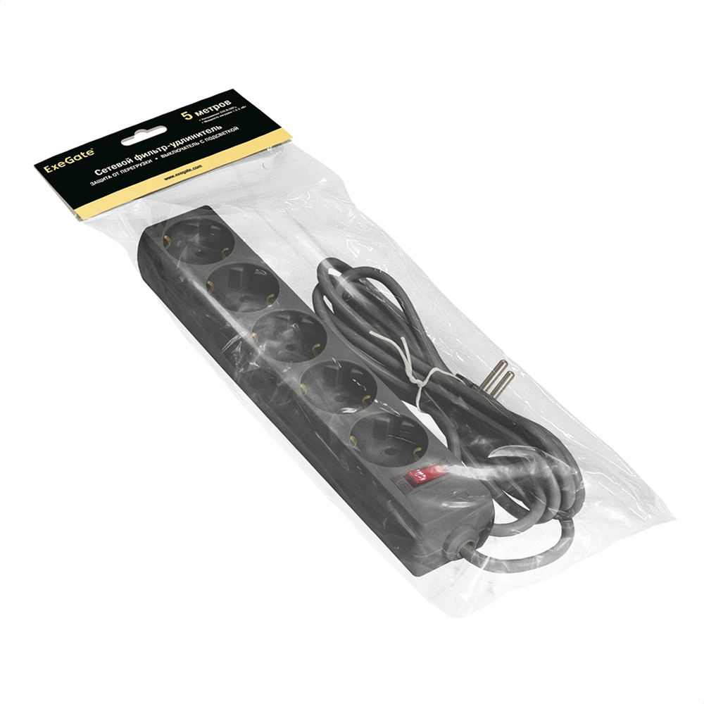 Сетевой фильтр ExeGate SP-5-5B, EX221188RUS, 5 розеток, 5 м, черный