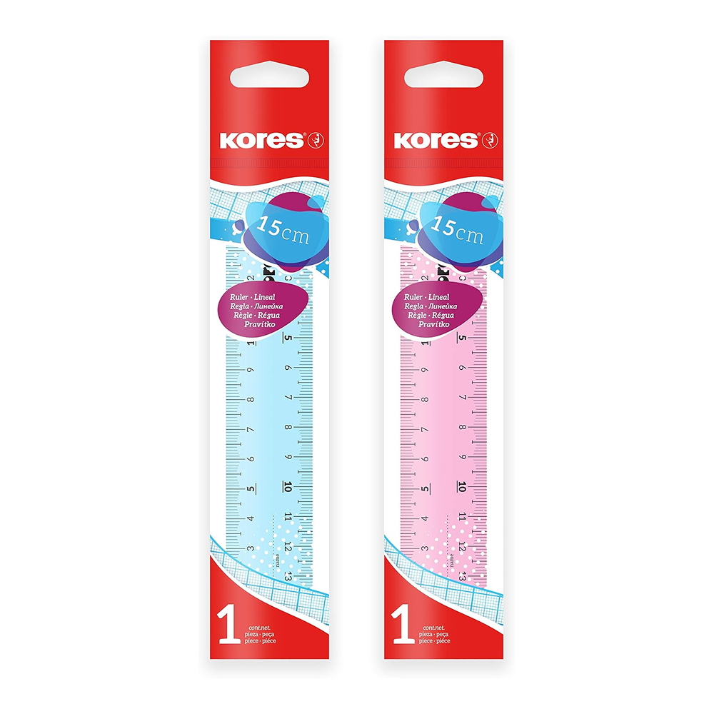 Линейка "Kores", 15 см, пластик, ассорти