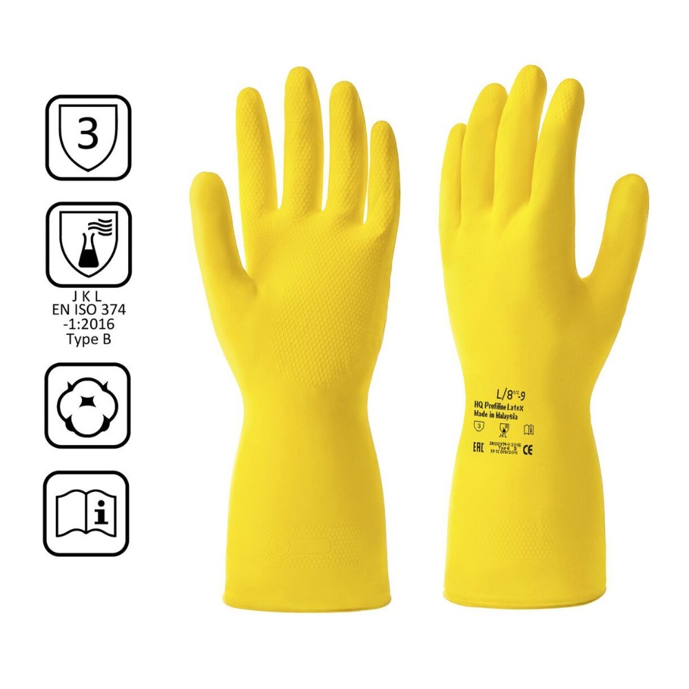 Перчатки латексные HQ Profiline, р-р M, с х/б покрытием, желтый